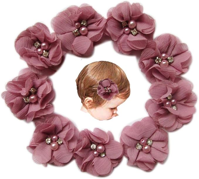 Baby Girls 2" Chiffon Flower Alligator Hair Clips with Rhinestones and Pearl,YYCRAFT Party Wedding Hair Bows Accessory for Kids Toddler Girls(Dusty Pink,10pcs)