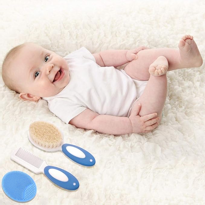 Baby Hair Brush and Comb Set for Newborns & Toddlers | Natural Soft Goat Bristles | Ideal for Cradle Cap | Perfect Baby Registry Gift (Blue)