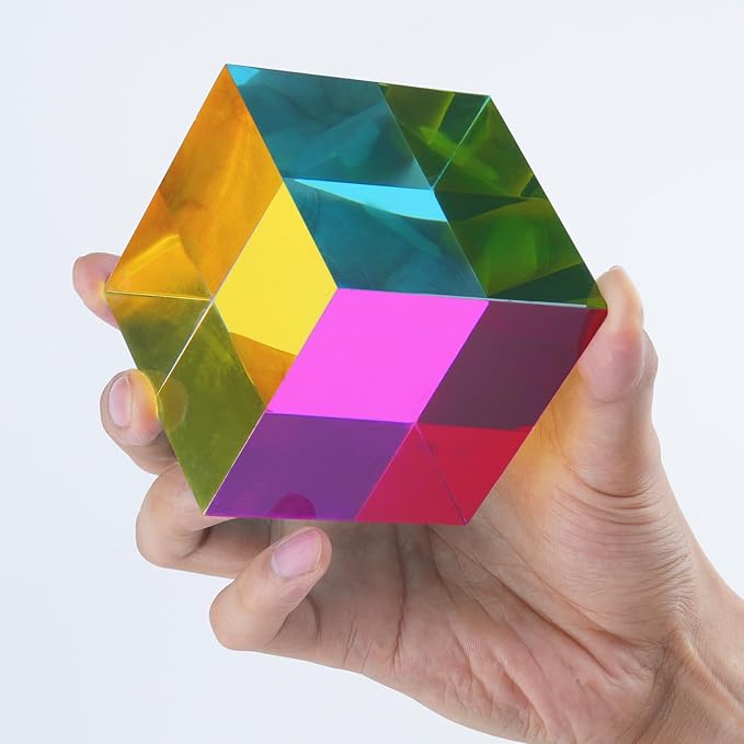 iKeelo Color Cube (80mm) with Stand - Mega Cube in Cyan, Magenta and Yellow - Mesmerizing Acrylic Prism for Desk Decor, A Fun Conversation Starter