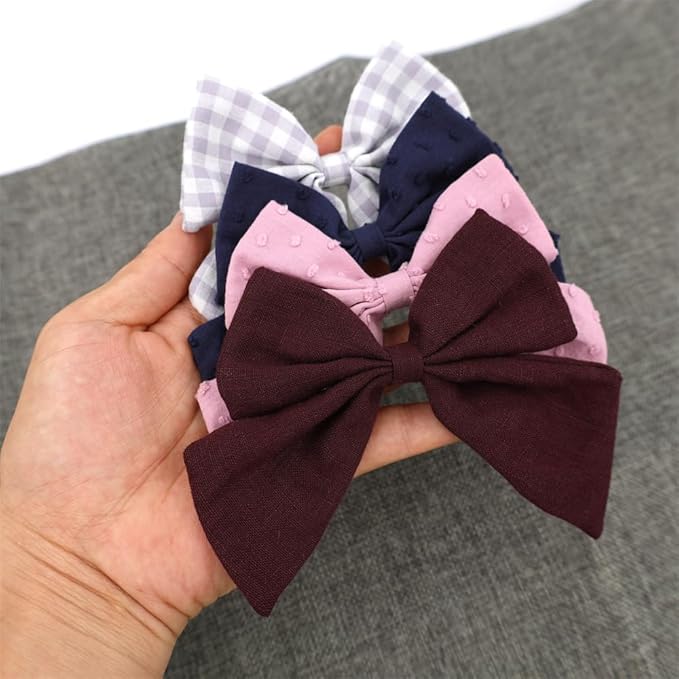 4 PCS Sailor Bow Hair Clips for Kids Girls Women Linen cotton Hair Bow Alligator Clips Baby Toddler Girl Mom Hair Accessories (Mauve/Wine)