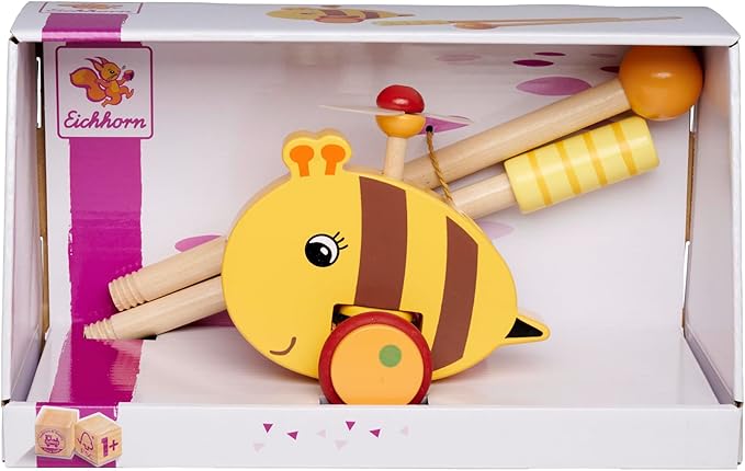 Eichhorn 100006804 - Sliding Bee Figure with Movable Wing, Handle Length 50 cm, Silent Silicone Wheels, Made from 100% FSC Certified Beech Wood, from 1 Year