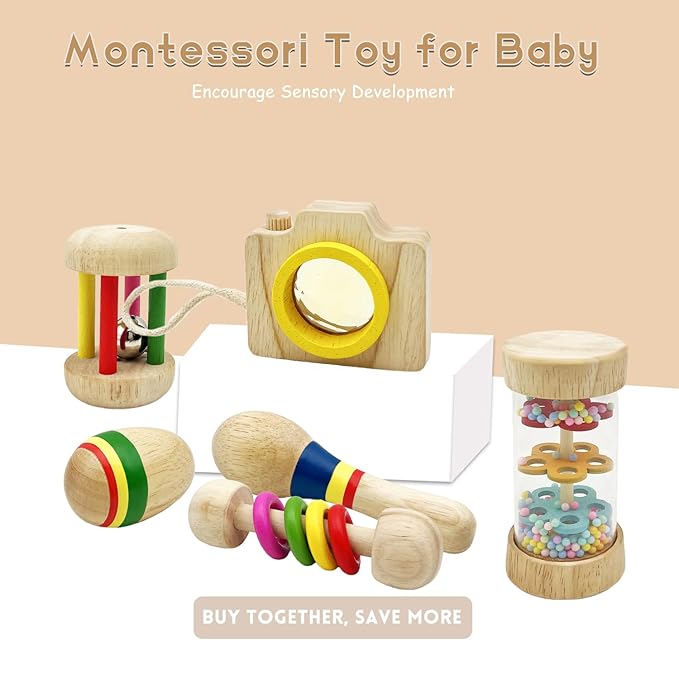 Wooden Baby Rattle, Organic Colorful Baby Rattles Set, Toddler Hand Wooden Rattles Toy Set for Infant Grasping, Sensory Development, Gift for Baby Boys Girls