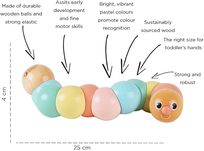 Classic World Wooden Twist Caterpillar Pull Toy, Flexible Colourful Worm for Babies, Toddlers, Kids, Develops Fine Motor Skills and Color Recognition, 25 cm, 1 Year+, Pastel Colors