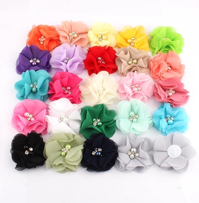 50 Pcs 2" Mini Chiffon Flowers with Rhinestones for Baby Girls Hair Accessories Artificial Fabric Flowers for Headbands Craft Projects (Army)