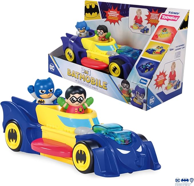 Toomies DC Comics Batman E73262 3 in 1 Vehicle Transforms into Mini Batmobile and Jet, Engine Popping Effect, Flywheel Drive Push Along, from 12 Months