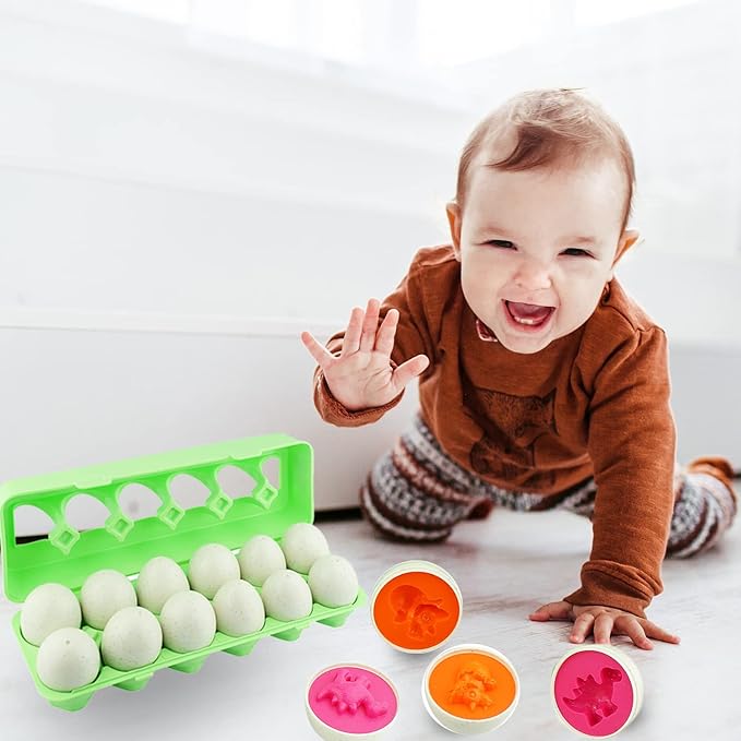 Dimple 12 Dinosaur Egg Matching Toy Play Eggs Easter w/ Holder - Toys for Toddlers STEM Colors & Shapes Recognition Kids Educational Color Sorting Eggs, Multicolored