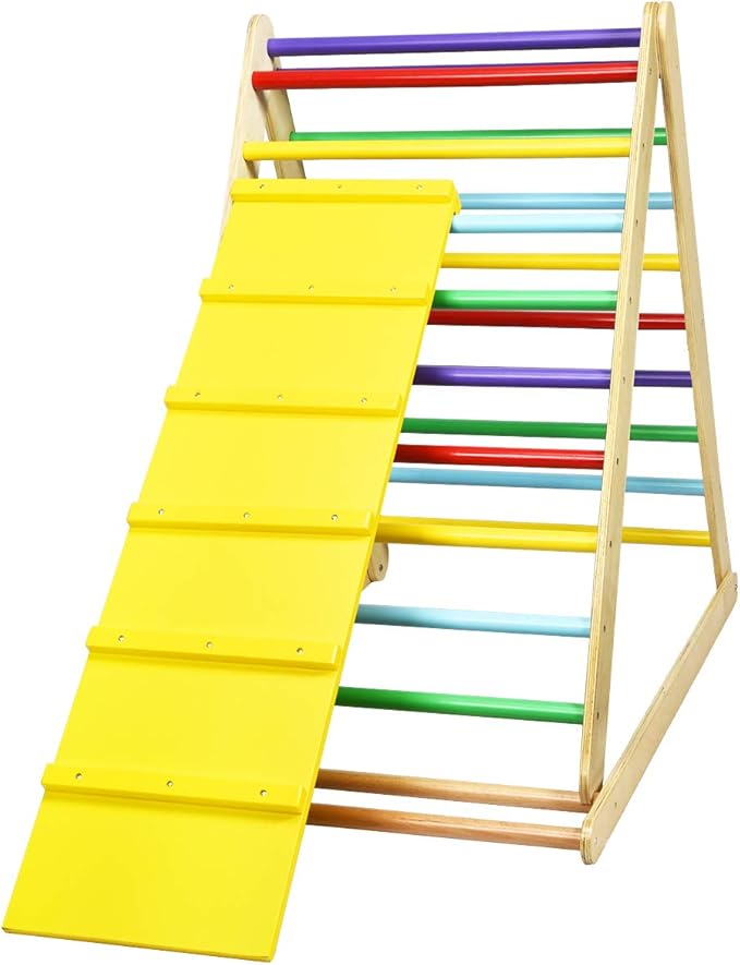 HONEY JOY Triangle Climber with Ramp, 2-in-1 Indoor Toddler Climbing Triangle Set with Ladder & Slide, Foldable Wooden Kids Climbing Toys for Playground, Gym & Daycare, Gift for Boys Girls (Colorful)