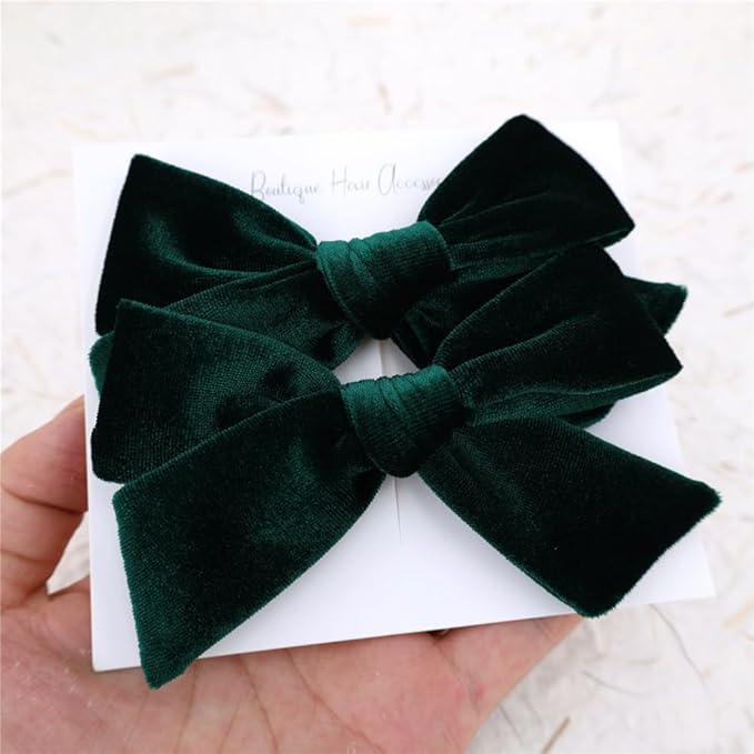 Vintage Velvet Bow Hair Clips for Baby Girl Kids Women Fall Velvet Christmas Hair Bows Barrettes Accessories (2 pcs 001 Green)