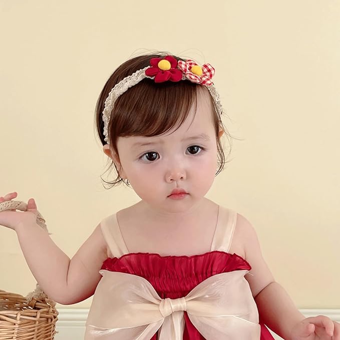 Baby Girls Hairbands Lace Flowers Headband Handmade Soft Stretchy Colorful Flower Hairband Newborn Headbands with Pearls Elastic Hairbands for Infant Head Band (Two Red Flowers)