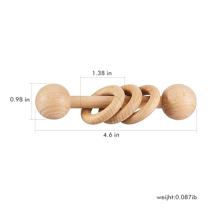 Chriswell Wooden Baby Rattle, Newborn Wooden Rattle Toy, Natural Wooden Montessori Baby Grip 3 Ring Toy, Baby Gift Toy, Wood Rattle-1