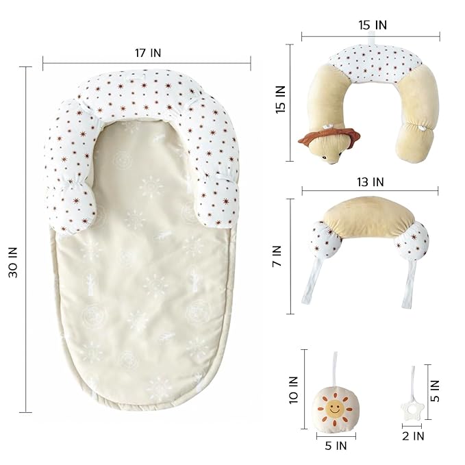 Aila+Aiden 2-in-1 Tummy Time Mat and Seated Support with Sensory Toys – for Newborns and Babies – Includes Detachable Cushion for Supervised Play & Head/Neck Development (Sand)