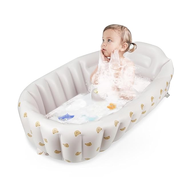 PandaEar Inflatable Baby Bathtub with Integrated Built-in Air Pump - No External Pump Needed, Non-Slip Portable Toddler Bath Tub, Travel-Friendly Foldable Infant Tub for Newborns to 24 Months(Bears)