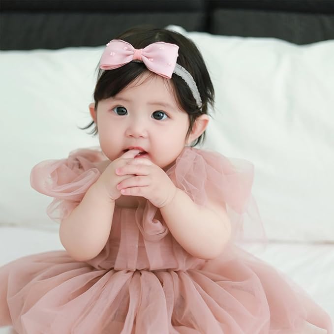 Baby Girls Hairbands Bow Lace Headband Handmade Soft Stretchy Pink Bowknot Hairbands Newborn Hairband with Bows Elastic Hair Bands for Kids Infant(Pink Polka Dot Bow