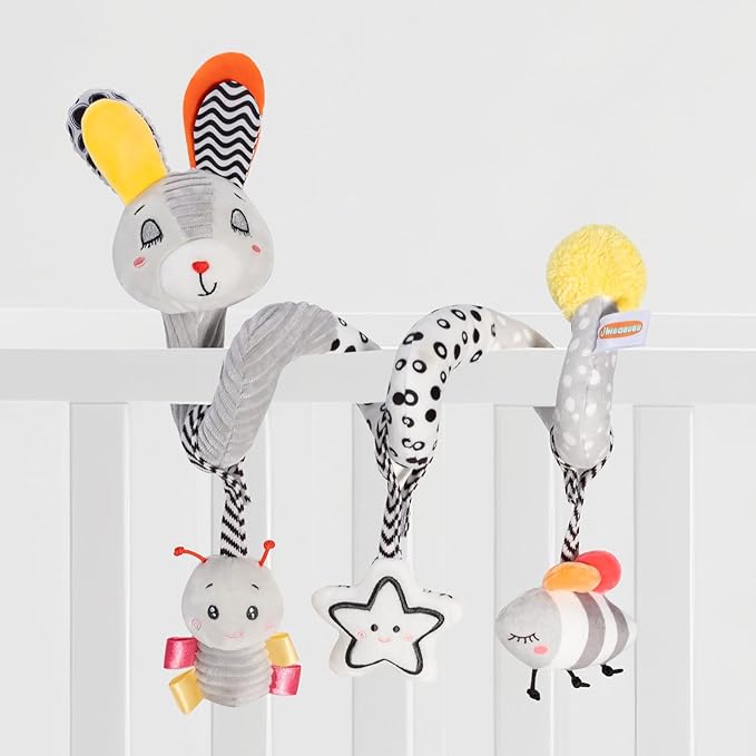 Baby Spiral Activity Toy, Stroller & Car Seat Hanging Toy for 0-12 Months, High Contrast Newborn Sensory Toy with Rattle & Crinkle Paper, Infant Travel Plush Toy for Crib Bassinet