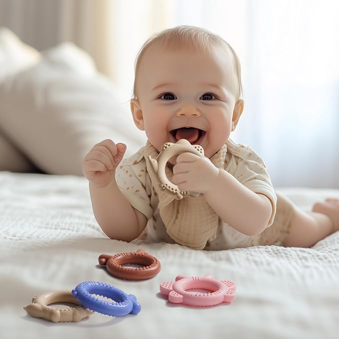 NCVI 4 Pack Silicone Teething Rings Set for Babies 0-6 Months, Baby Teething Toys with Ridges, Small Teethers for Infant 6-12 Months, BPA-Free Teething Relief Baby Chew Toys