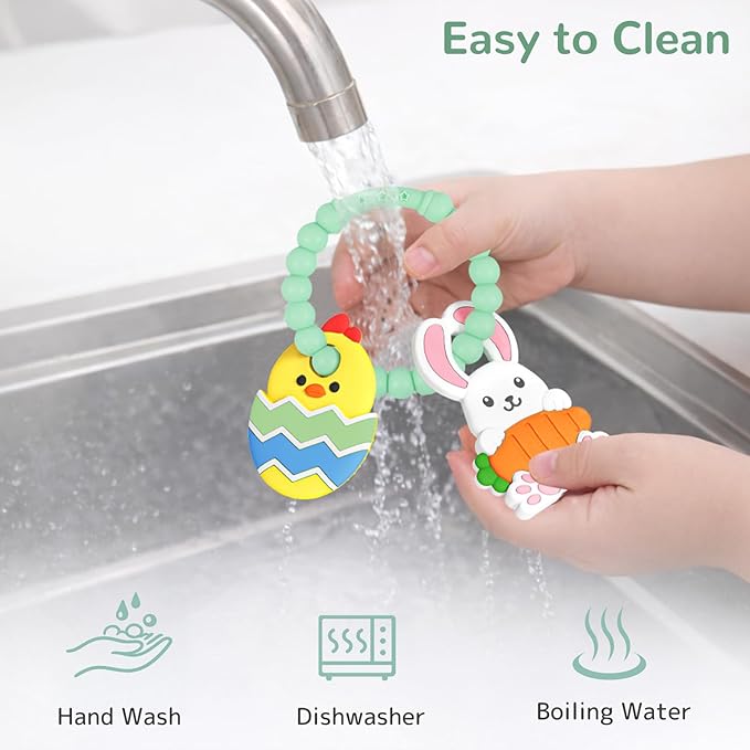 Easter Teething Ring for Baby, Bunny Carrot & Chick Egg Silicone Teether Bracelet, Sensory Chew Toys for Newborns & Infants 3–12 Months, Easter Basket Stuffers for Toddlers, Baby First Easter Gift