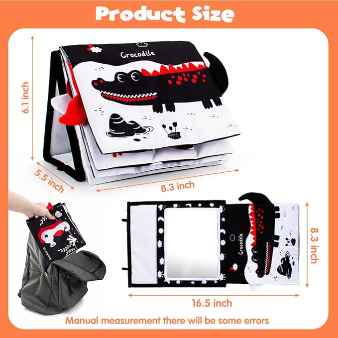 Black and White Baby Books for Newborn, Tummy Time Mirror, Baby Mirror Infant Toys with Soft Cloth Book, High Contrast Baby Toys, 3D Activity Crinkle Pages Sensory Tummy Time Toys for Babies