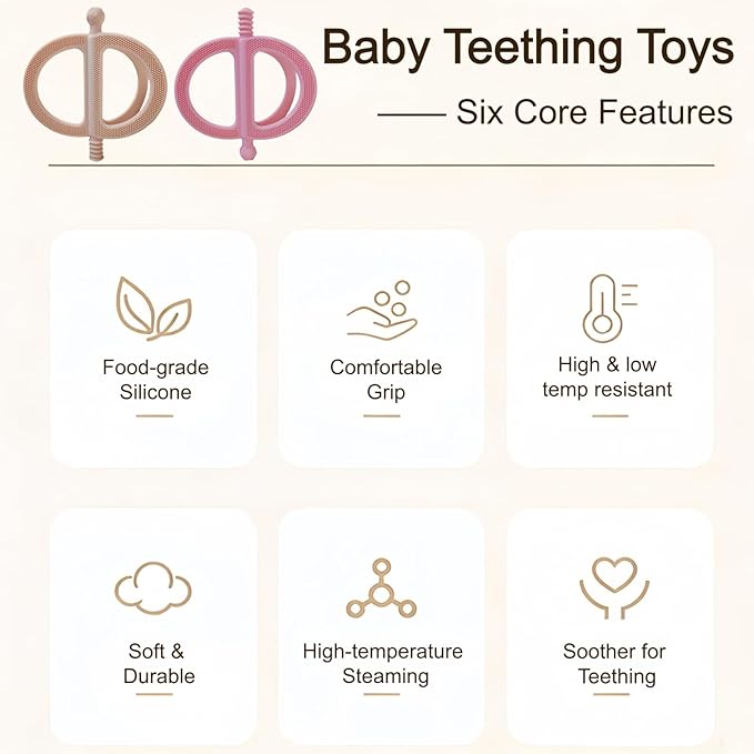 2-Pack Baby Teething Toys, Food Grade BPA-Free Silicone Baby Teether for 3-18 Months, Ring-Shaped Teething Toy for Babies, Multi-Textured Choke-Proof Easy Grip Teether for Infants (Khaki&Pink)