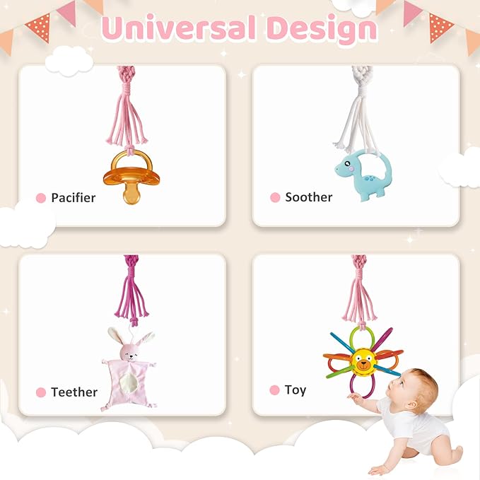 Boho Pacifier Clip for Boys Girls Pacifier Holder Leash Wooden Clips Handmade Braided Cotton Unisex Baby Shower Birthday Gift Christmas Gift