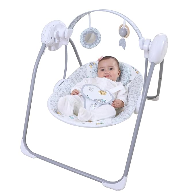 Baby Swing for Infant,Newborn Swing with Music,5 Speed Levels,Timing Setting,Soft Cushion,Foldable Infant Swing with with Hanging Planets Toy & Mirror for Indoor Outdoor Use 0-9 Months