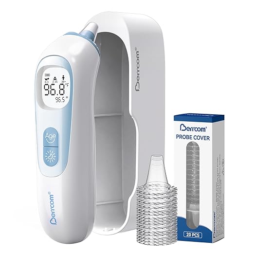 Berrcom Digital Ear Thermometer with Heated Tip, 1-Second Accurate Reading for All Ages, Fever Alarm with Mute & Night Light, Includes 21 Probe Covers & Storage Box
