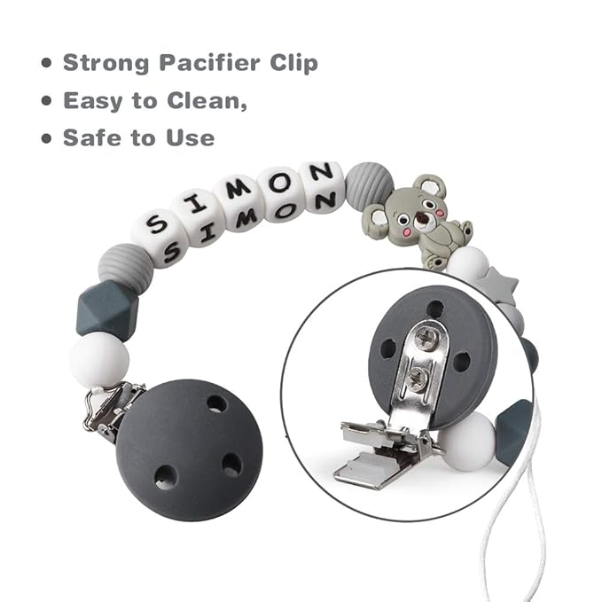 Personalized Pacifier Clip with Name, Grey Koala