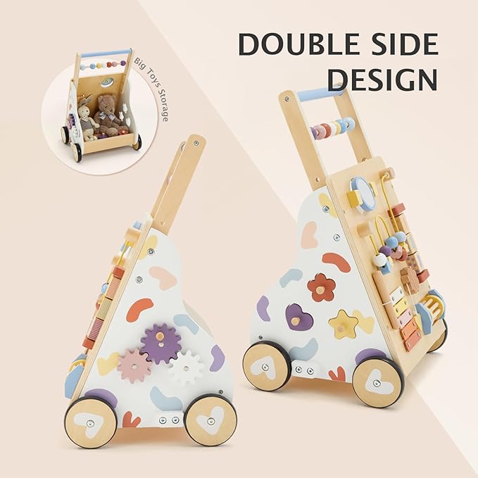 Frogprin Wooden Baby Walker, Baby Push Walker, Montessori Walker Toy for Babies 12M+ Learning to Walk & Sit-to-Stand, Adjustable Speed Walkers for Boys, Baby Activity Center with Sensory Toy for Girls