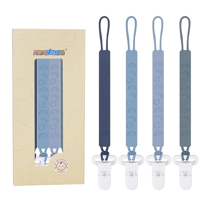 One Piece Design Silicone Pacifier Clip Holder for Baby Boys and Girls,Pack of 4 Flexible Paci Leash,Binky Clips,Newborn Essentials (Fruits, Gray)