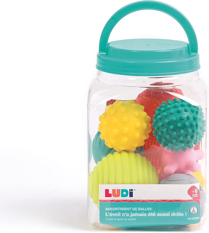 Set of 8 Awakening Balls | Ludi | Assorted Sensory Stimulation Balls | Different Shapes and Colours | Soft Plastic | from 6 Months