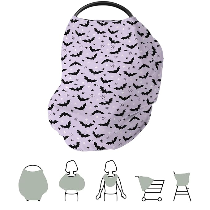 Purple Pastel Halloween Baby Car Seat Covers Black Bat and Stars Stretchy 5-in-1 Cover Adjustable Infant Carseat Canopy Cover Spooky Halloween Night Breathable Nursing Cover-Up