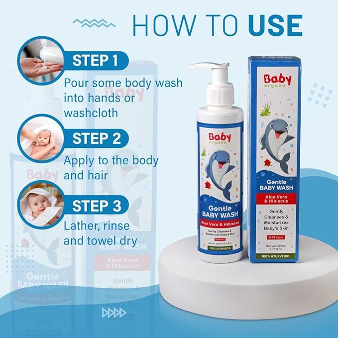 Babyorgano Baby Body Wash 200ml for Kids with Aloe Vera, Hibiscus & Neem, Cleanse Moisturize Head to Toe, All Skin Type, Paraben Free, FDCA Approved 200 ml (Pack of 1) Transparent