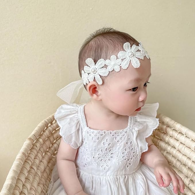 Baby Girl Headband White Lace Hairband Elastics Flower Head Wrap Hair Accessories Gift for Newborn Infant Toddlers Kids Baptism Shower Gift Birthday Wedding Party (Style 8)