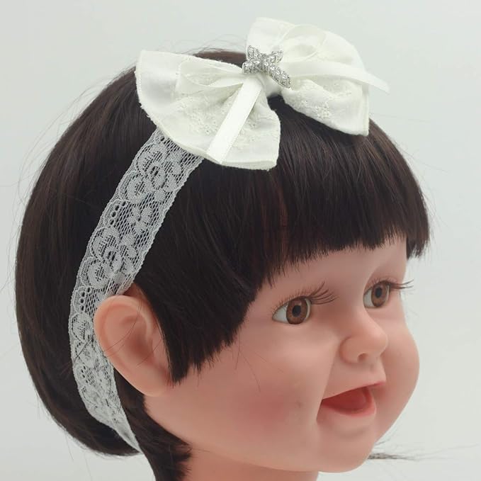 White Baby Bow Headband for Baptism Christening Satin Lace Hair Band with Cross for Toddler (A-off white bow headband, 6 months-2 years old)