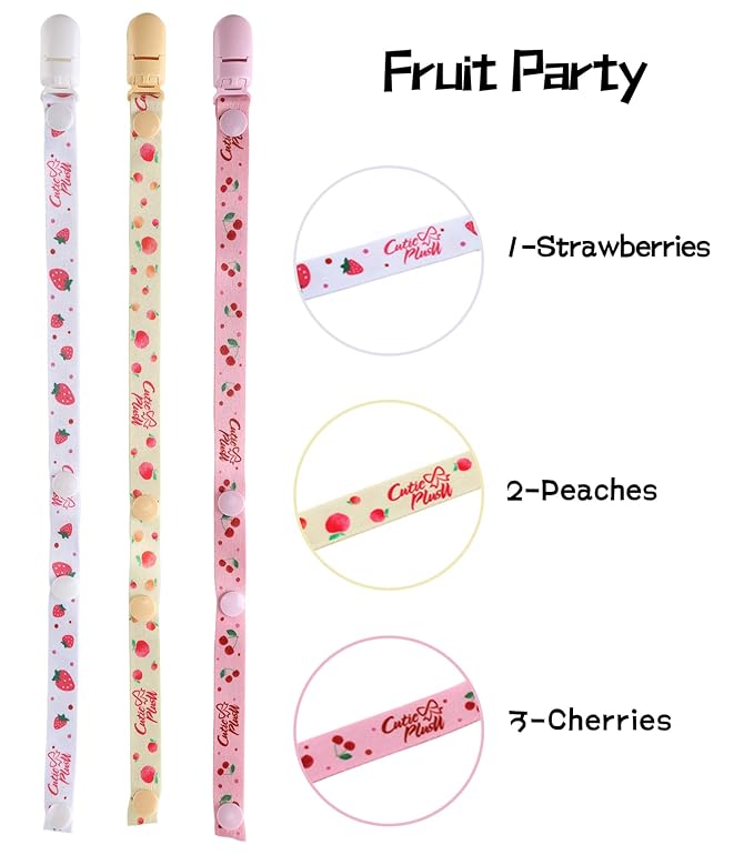 CutiePlusU Adult Size Pacifier Clips 3 Pack-Strawberries, Cherries and Peaches