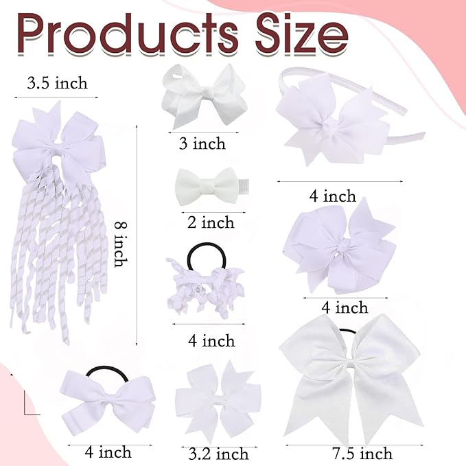School Hair Accessories Set 14 Pcs Uniform Hair Bow Headband Clips Hair Ties Curly Korker Bows for Little Toddler School Girls (White)