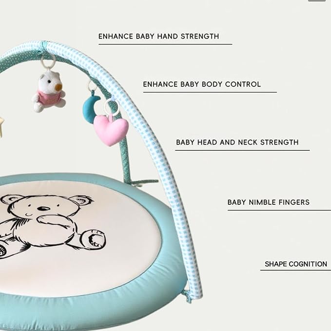 Baby Play Gym Mat & Activity Mat - 100% Cotton Soft Playmat with 6 Detachable Toys for Tummy Time, Machine Washable, Sensory Development Gift (Blue Bear)
