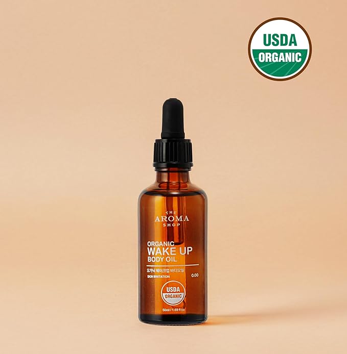 USDA Certified Organic Wake Up Body Oil with Peppermint, Lemon, Lavender & Jojoba Oil - Cool Moisturizing, Lightweight & Non-Sticky - Strengthens Skin Barrier - 1.69 fl oz (50 ml)