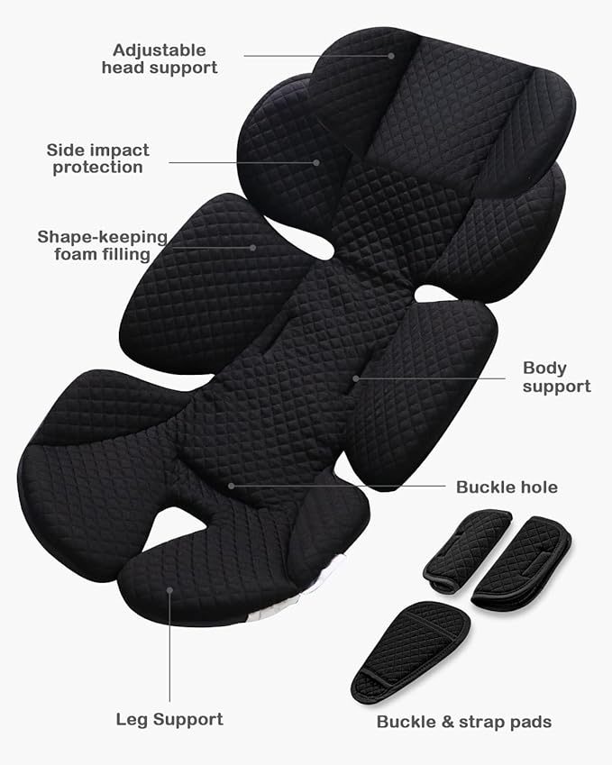 Infant Car Seat Insert Adjustable Head Support for Preemie Newborn Toddler, Reversible Baby Head Body Support Cushion for Carseats and Strollers Side Impact Protection - Black