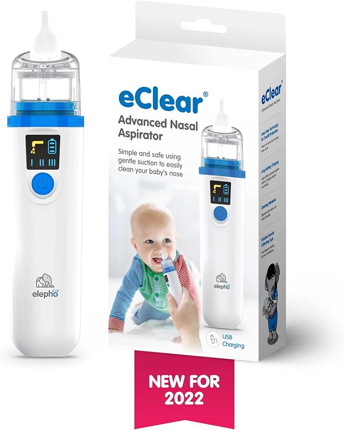 Elepho eClear Advanced Baby Nasal Aspirator. Easy-to-Use with Overflow Protection Technology. Multiple Suction Settings Use for Babies and Children. Single Button Use. Easy Cleaning. USB Rechargeable