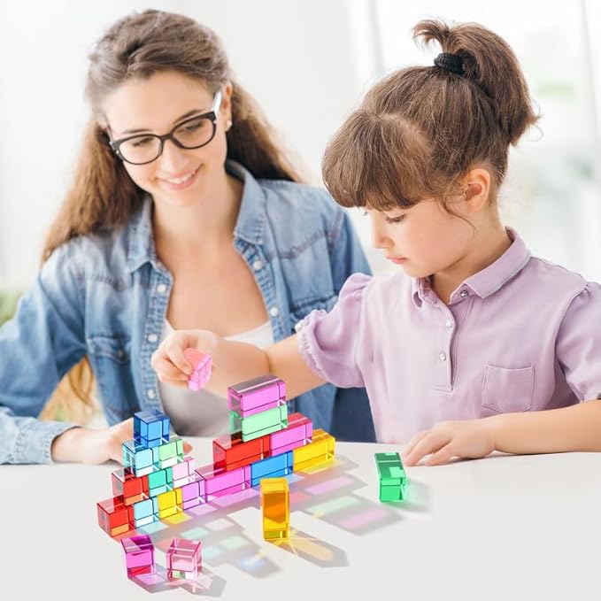 Meooeck 20 Pcs Acrylic Gem Cubes Blocks for Kids Translucent Rainbow Building Blocks Crystal Light Shadow Stacking Toys for School Education Training Learning(2 Sizes)