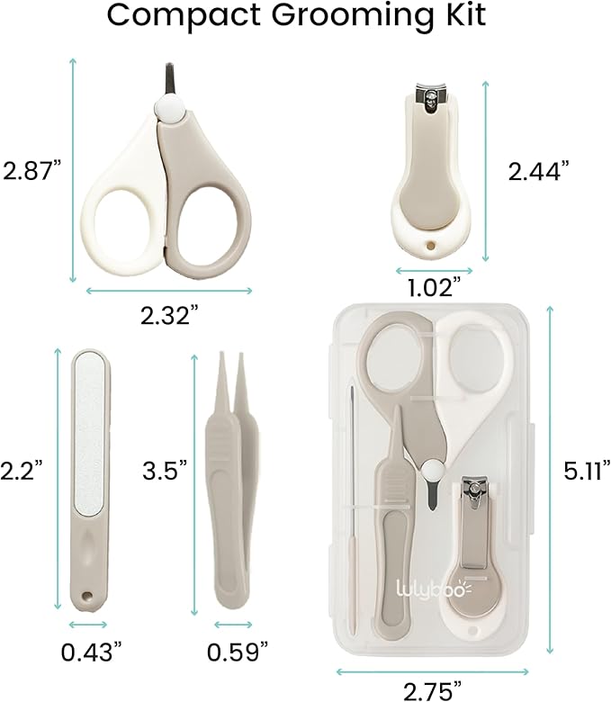 Lulyboo 4-in-1 Newborn Grooming Kit with Travel Compact Case, Baby Nail Clipper, Rounded Tip Scissors, Nail File & Tweezers, Stainless Steel, BPA-Free, Wipe-Clean, Teal Finish