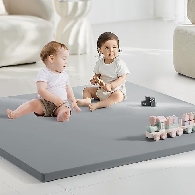 Comehealthy Baby Play Mat for Floor, 50x50 Vegan Leather Playpen Mat, Thickened Foam Cushioned Mat for Infants and Toddlers, Waterproof, Non-Slip & Stylish Playmat for Babies, Easy to Clean, Gray