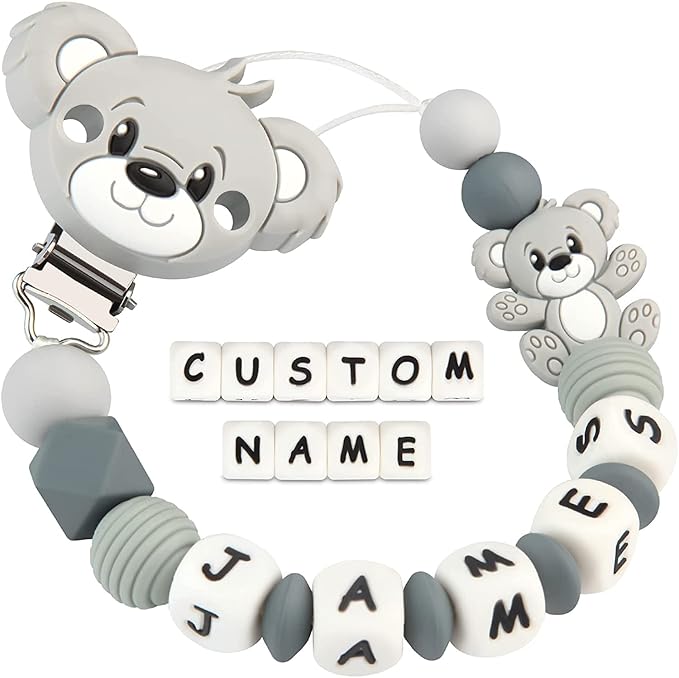 Personalized Pacifier Clip with Name Teddy Bear for Baby Boys Girls Customized(Grey)