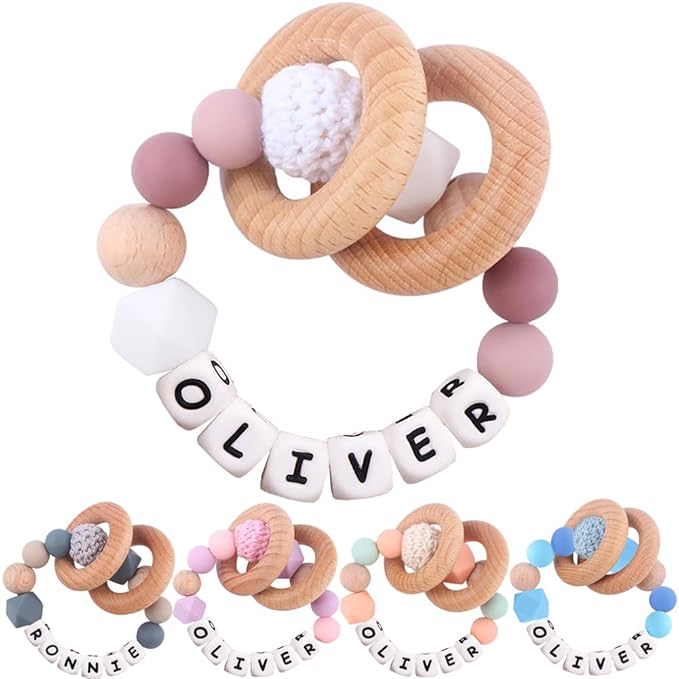 Personalized Baby Rattle Ring with Name,Custom Silicone Bracelet Rings Stroller for New Baby Newborn Shower Gift (Wooden Rings)