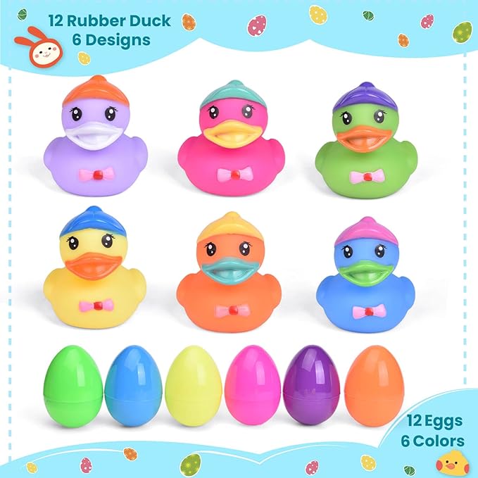 12 PCS Prefilled Easter Eggs with Rubber Duck Toys, Easter Basket Stuffers, Easter Egg Fillers, Bath Toy Squirters, Bathtub Toys for Kids