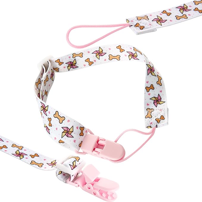 Cute Adult Pacifier Clips: Pacifier Holder Clip with Convenient Hook Loop - Bad Rock Rabbit & Windmill Puppy - 17 Inch Long 4 Pack Set