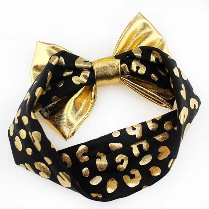 Baby Girl Glitter Bow Headband, Gold Bronzing Gilding Hairband with 5'' Large Bow Elastic Stretch Turban Headwrap..(FJ78-Gold U)