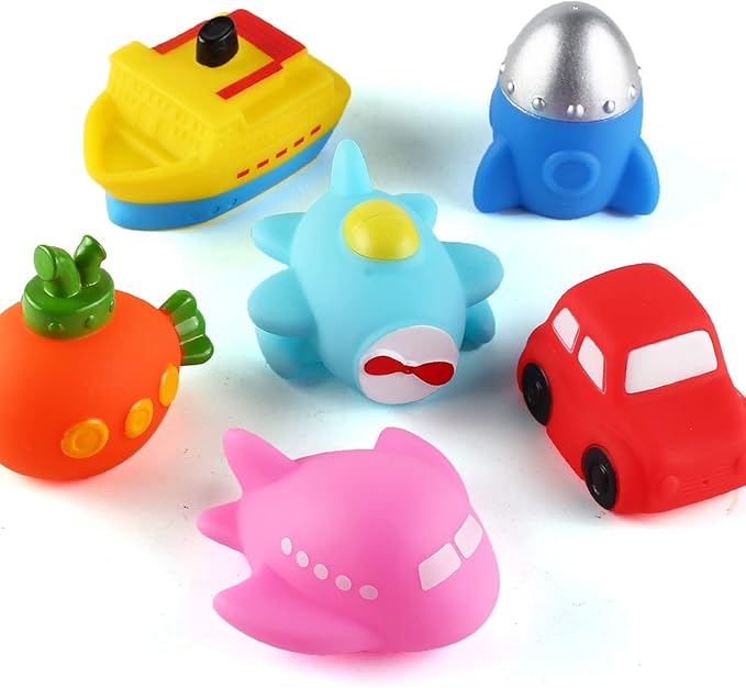 6 Packs No Hole Boat Bath Toy Set, Light up Changing Color in Water, Floating Rubber Bathtub Toys for Baby Toddler Infant Boy Girl Kid Play, Led Growing Pal in Shower Bathroom Tub or Swimming Pool