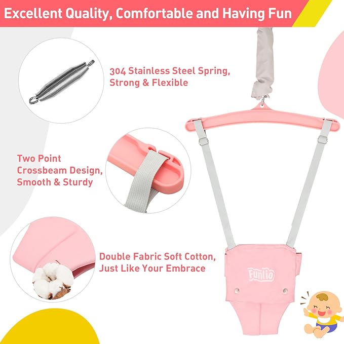 FUNLIO 2 in 1 Baby Jumper with a Ceiling Hook, Baby Walking Harness for 6-24 Months, Infant Jumper for Indoor/Outdoor Play, Infant Jumper Doorway with Adjustable Chain, Easy to Assemble & Store - Pink