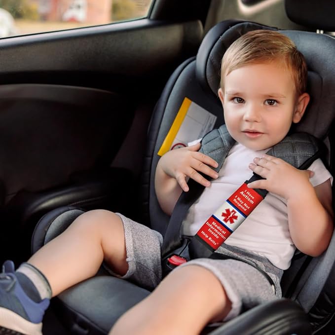 Autism/May Not Respond Awareness Medical Alert Seatbelt Cover for Kids and Adults with Emergency Information Form and Pocket by Help Belts (Red, 6 Inch Car Seat)